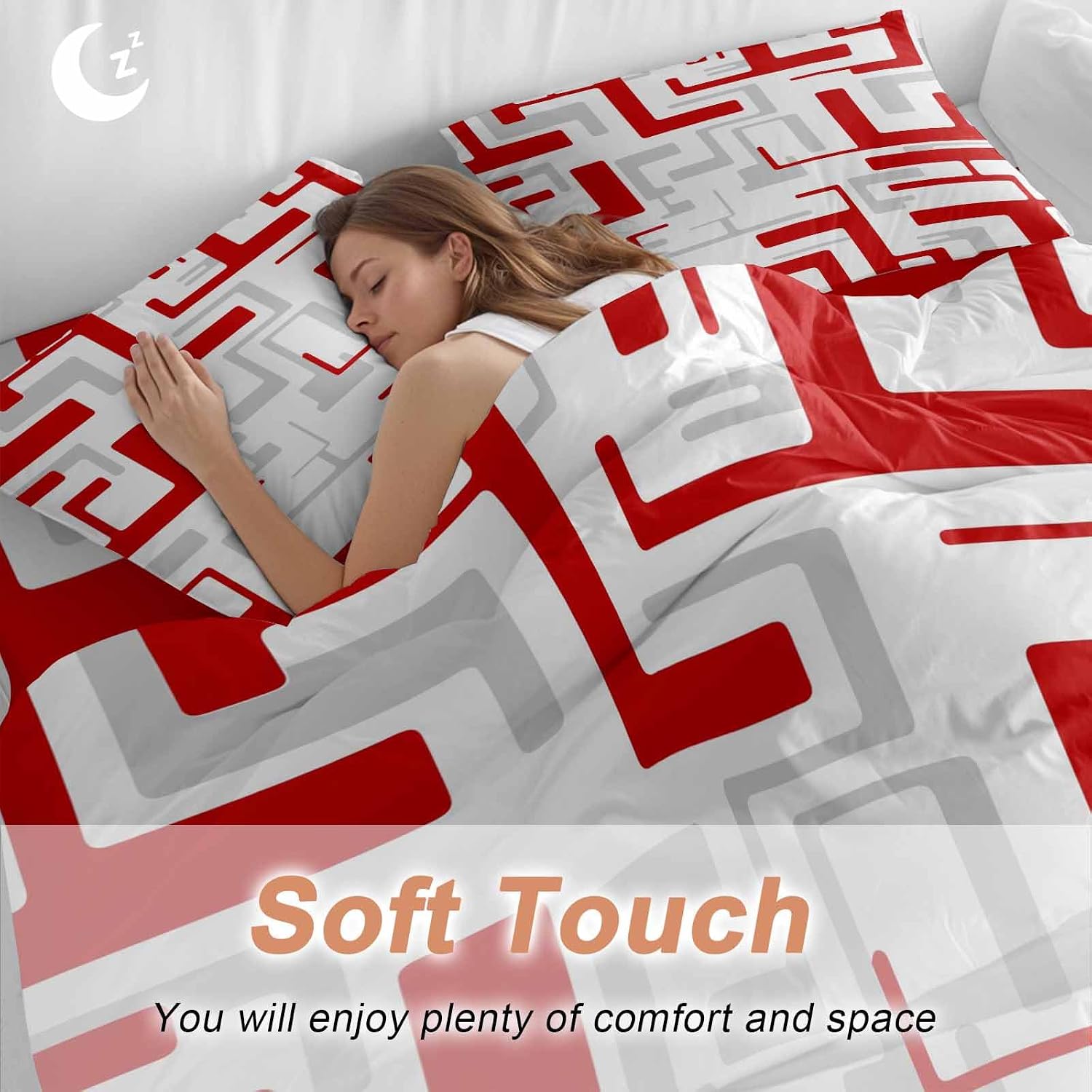 Prime Leader Red Gray Geometric Stripes Duvet Cover Set Queen Size 4 Pieces Modern Abstract Lines Maze Bedding Set with Zipper Closure, 1 Comforter Cover 90x92 Inches 1 Flat Sheet & 2 Pillow Cases