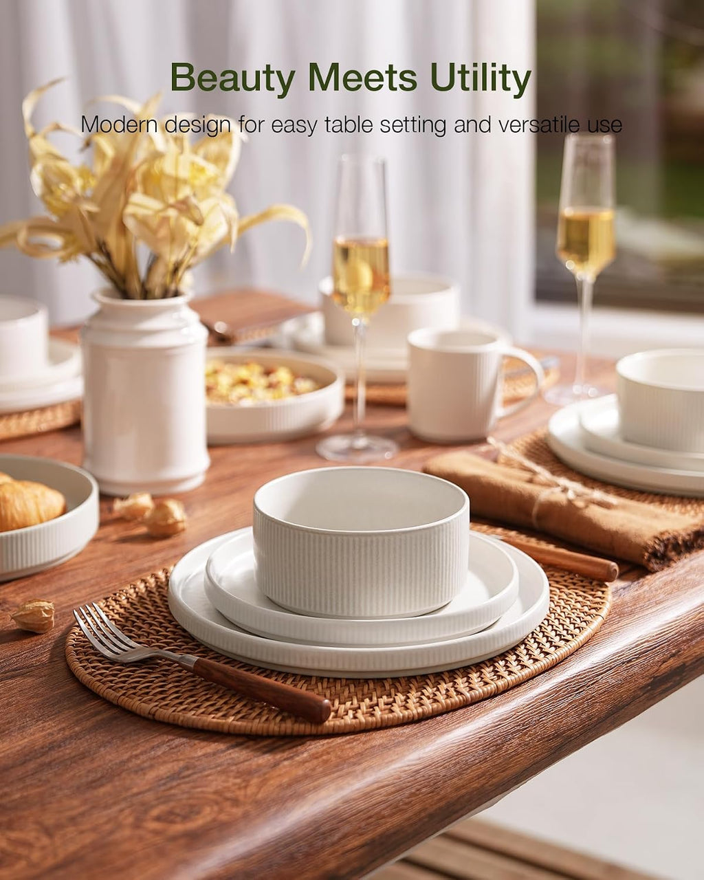 Famiware Star Dinnerware Set with Mugs, Service for 6 (24 Pieces), Ribbed Stoneware Plates and Bowls Dishes Sets - Chip & Scratch Resistant, Microwave & Dishwasher Safe, Matte White