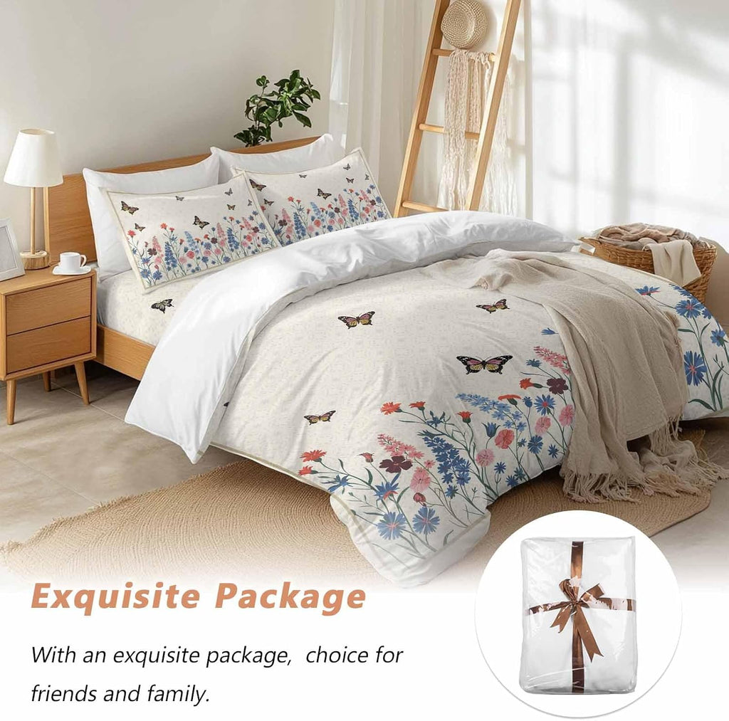 Spring Florals Duvet Cover Set Queen Size 4 Pieces Vintage Pink Blue Flower Butterflies Plants Bedding Set with Zipper Closure, 1 Comforter Cover 92x106 Inches 1 Flat Sheet & 2 Pillow Cases