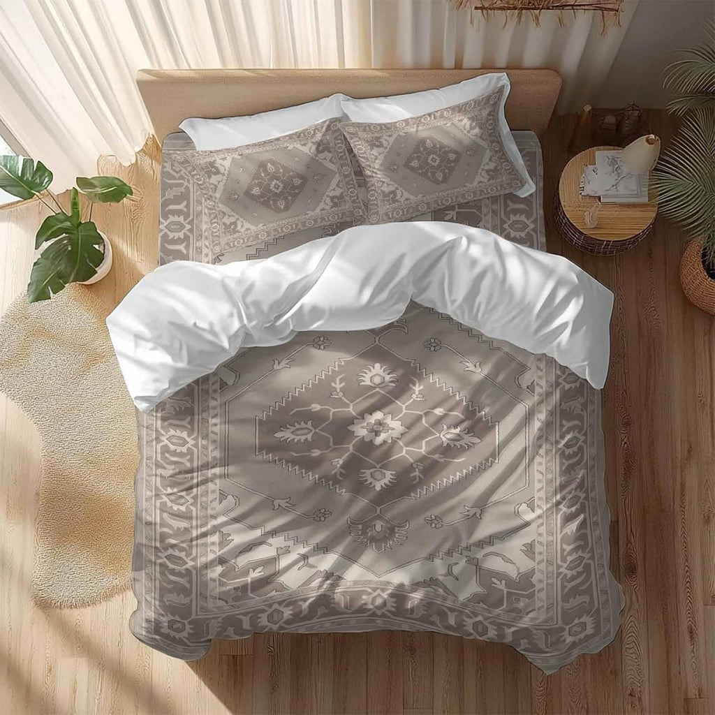 Ethnic Art Boho Duvet Cover Set Queen Size 4 Pieces Abstract Geometric Brown Flower Pattern Retro Border Bedding Set with Zipper Closure, 1 Comforter Cover 92x106 Inches 1 Flat Sheet & 2 Pillow Cases