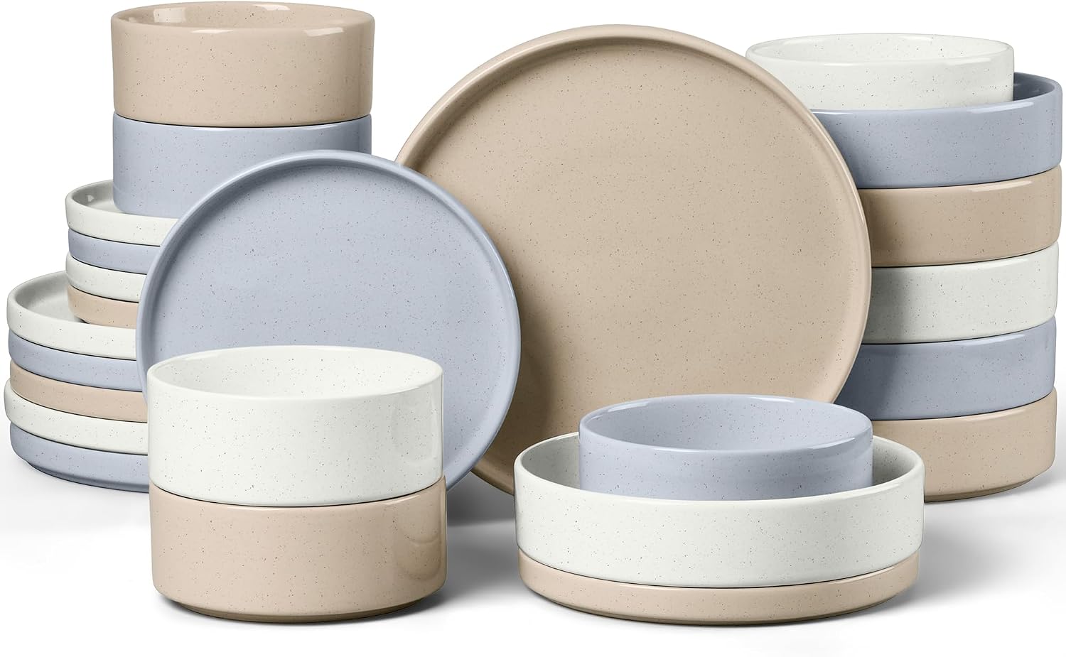 E-far Dinnerware Sets with Pasta Bowls, 24-Piece Stoneware Plates and Bowls Sets for 6 | Microwave & Dishwasher Safe Kitchen Modern Dish Set, Speckled Multicolor