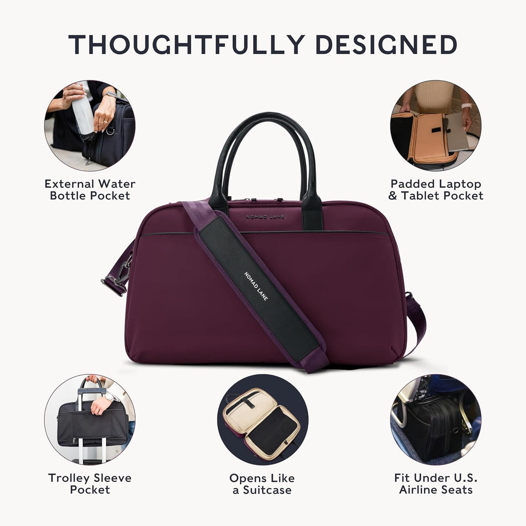 Nomad Lane Carry-On Luggage Duffel Bag, Durable & Lightweight Suitcase. Bento Bag, Personal Item Weekender Travel Bag for Men & Women, Venetian Violet