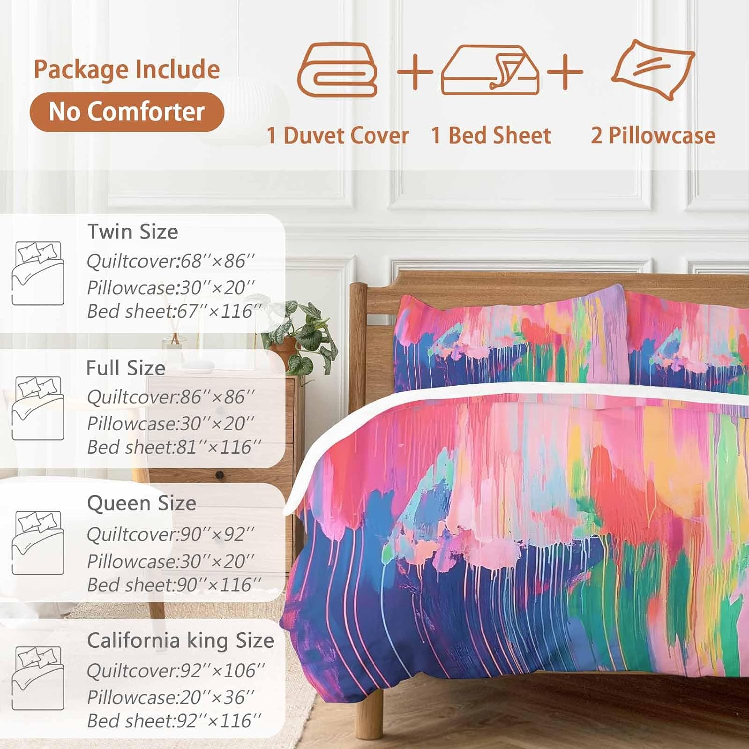 Prime Leader Colorful Abstract Duvet Cover Set Queen Size 4 Pieces Multicolor Fantasy Aesthetic Bedding Set with Zipper Closure, 1 Comforter Cover 90x92 Inches 1 Flat Sheet & 2 Pillow Cases