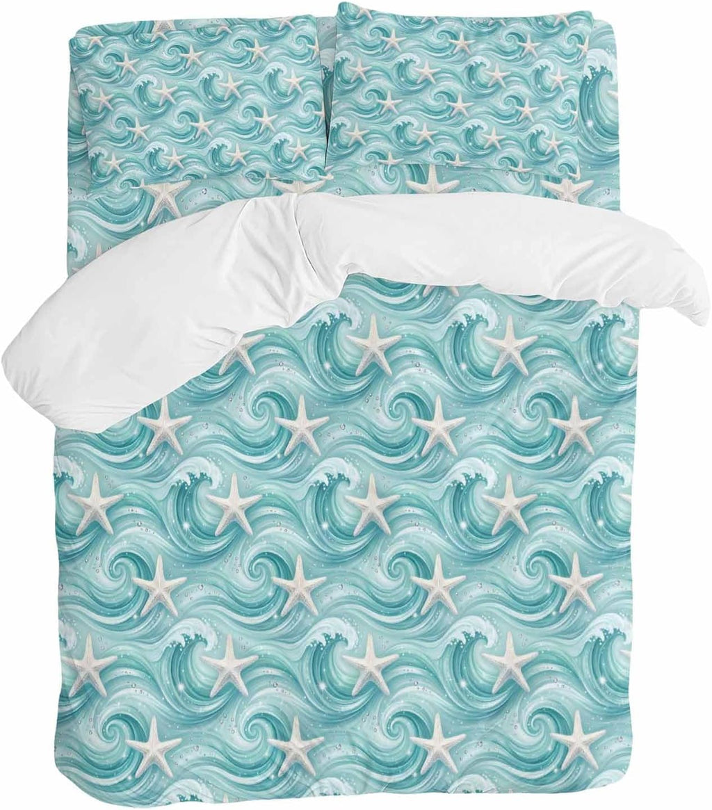 Teal Ocean Starfish Duvet Cover Set Queen Size 4 Pieces Nautical Coastal Watercolor Sea Waves Starfish Bedding Set with Zipper Closure, 1 Comforter Cover 90x92 Inches 1 Flat Sheet & 2 Pillow Cases
