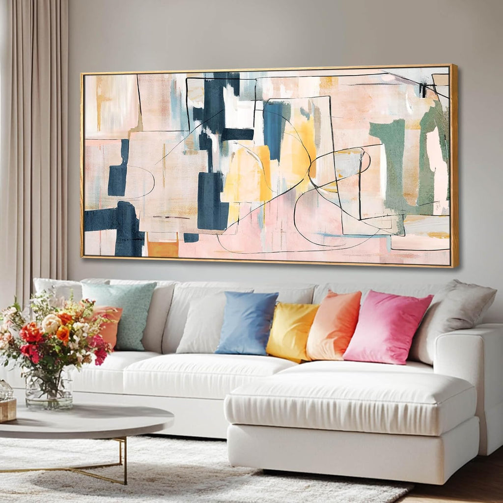 Pink Abstract Painting Large Wall Art Living Room Decor Blue Canvas Print Line Artwork Home Office Decoration 29x58 Inch