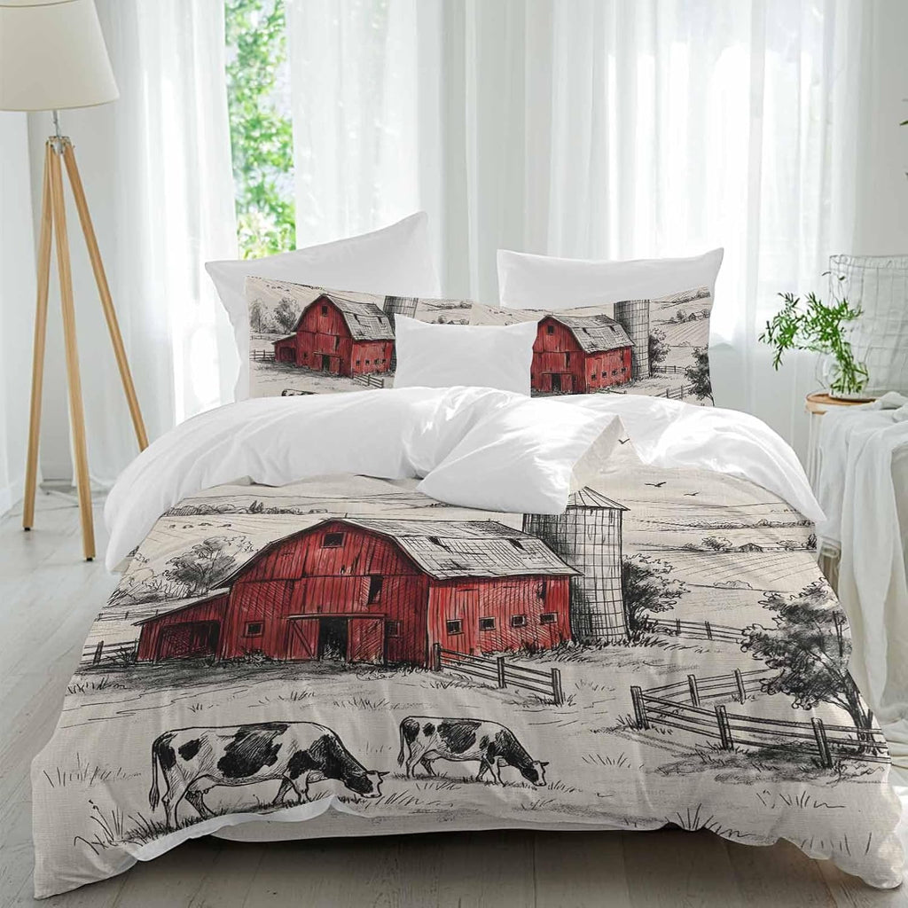 Farmhouse Duvet Cover Set Queen Size 4 Pieces Pastoral Landscape Watercolor Barn Farm Dairy Cow Retro Bedding Set with Zipper Closure, 1 Comforter Cover 86x86 Inches 1 Flat Sheet & 2 Pillow Cases