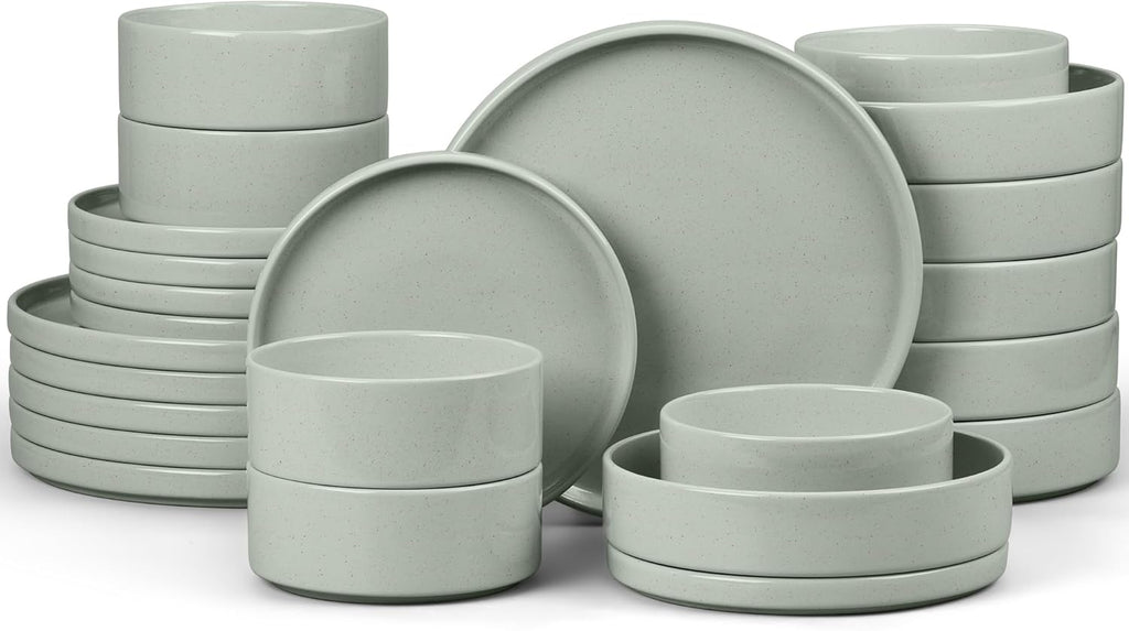 E-far Dinnerware Sets with Pasta Bowls, 24-Piece Stoneware Plates and Bowls Sets for 6 | Microwave & Dishwasher Safe Kitchen Modern Dish Set, Speckled Green