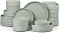 E-far Dinnerware Sets with Pasta Bowls, 24-Piece Stoneware Plates and Bowls Sets for 6 | Microwave & Dishwasher Safe Kitchen Modern Dish Set, Speckled Green