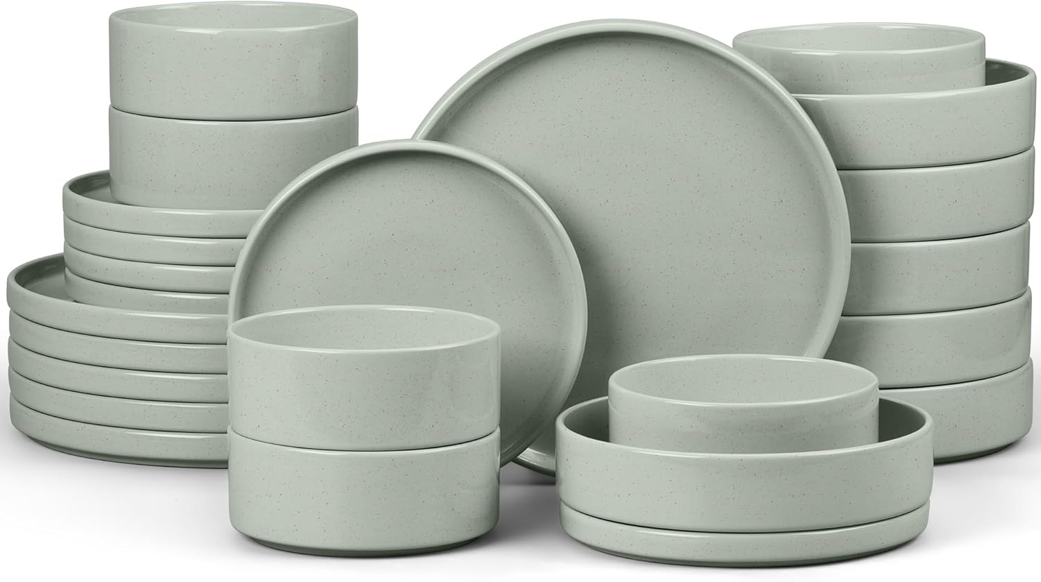 E-far Dinnerware Sets with Pasta Bowls, 24-Piece Stoneware Plates and Bowls Sets for 6 | Microwave & Dishwasher Safe Kitchen Modern Dish Set, Speckled Green