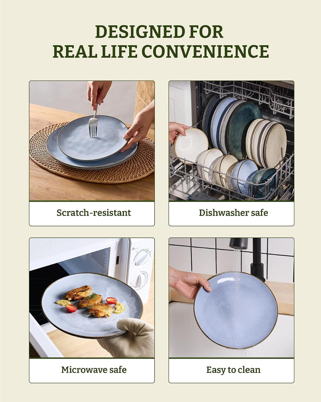 Famiware Ocean Round Plates and Bowls Set, 18 Pieces Dinnerware Sets, Dishes Set for 6, Reactive Glaze, Microwave and Dishwasher Safe, Scratch Resistant, Blue