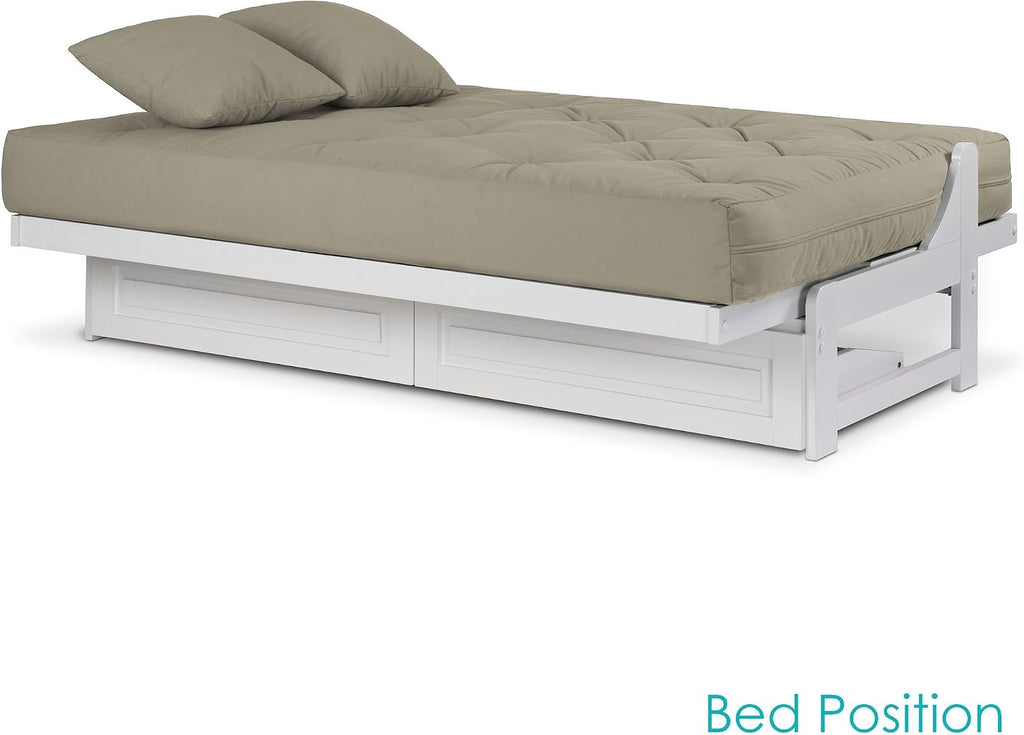 Nirvana Futons Arden White Futon with Storage Drawers Queen Size - Minimalist Armless Design with 8 Inch Comfortable Mattress (Twill Khaki), Sofa Bed Available in