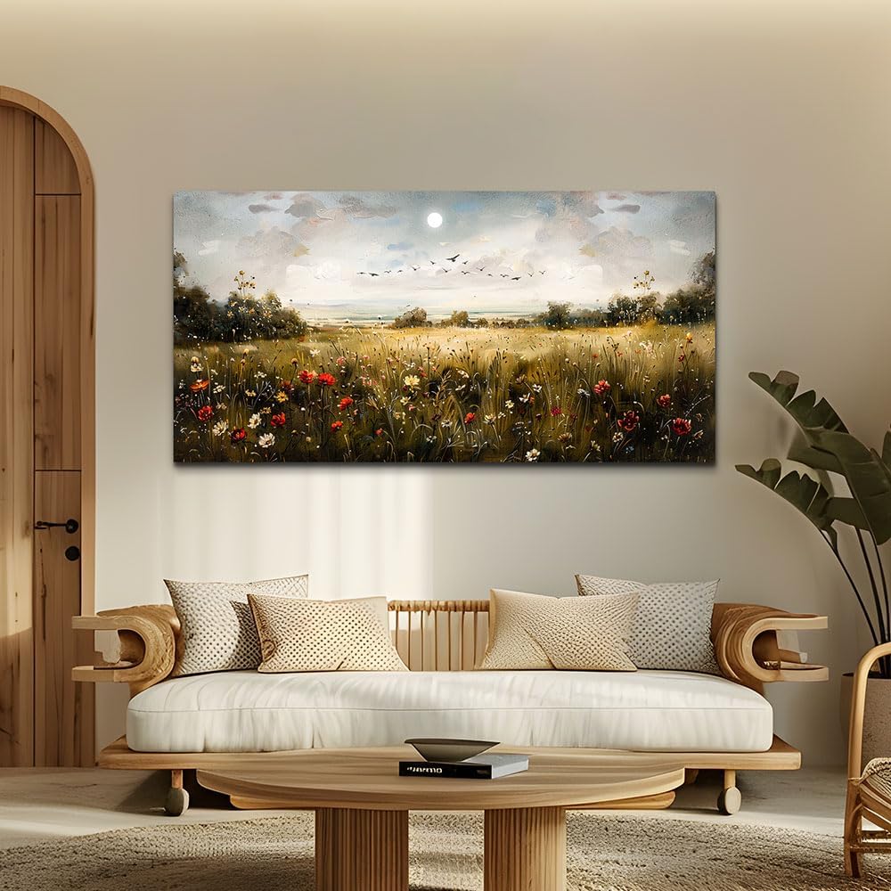 Wapluam Large Canvas Wall Art Living Room Wall Decor for Bedroom Wildflower Field Vintage Wall Art Canvas Prints Paintings Farmhouse Artworks Pictures Modern Aesthetic Home Decoration Ready To Hang