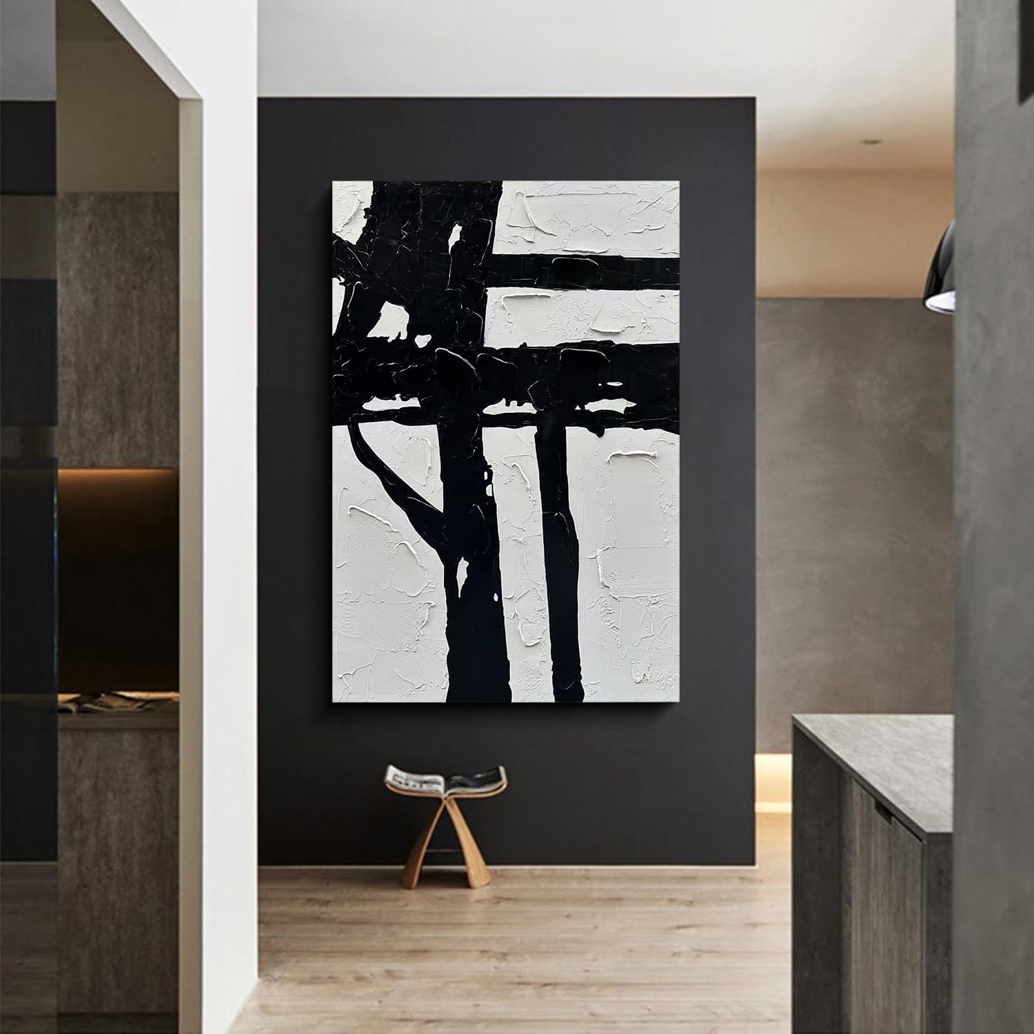NANKAI Hand-Painted Black And White Abstract Wall Art Contemporary Minimalist Oil Painting Art 45x30 inch Large Painting Art For Home Walls Living Room Hallway Wall Decoration