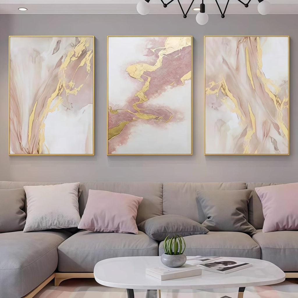3 Piece Living Room Pink Wall Art, Framed Gold Abstract Painting Water Flow Shape for Bedroom,Modern Pink Wall Decor Home Decor Ready to Hang 24x48 inches