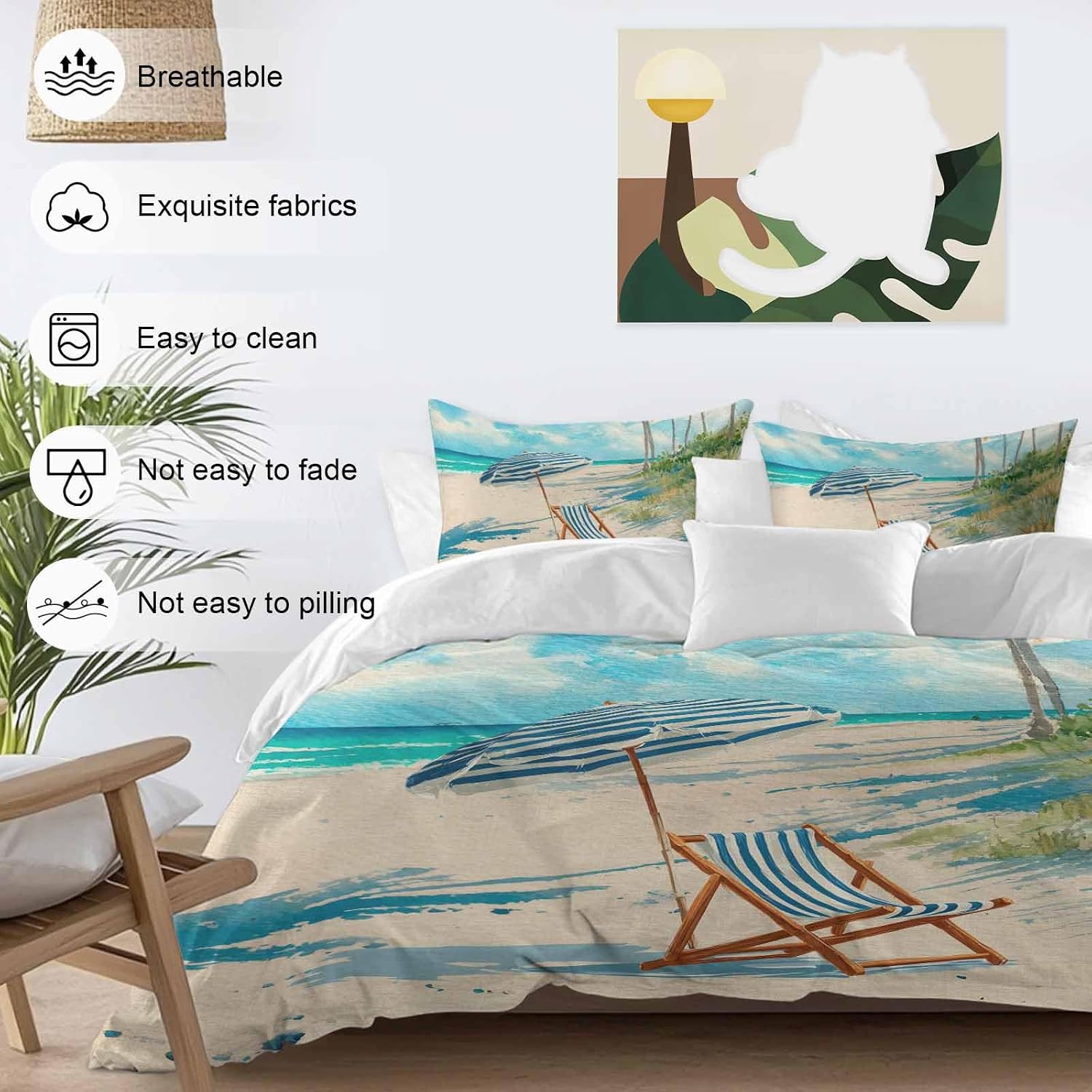 Summer Beach Duvet Cover Set Queen Size 4 Pieces Vintage Sunshade Lounge Chair Coastal Blue Striped Bedding Set with Zipper Closure, 1 Comforter Cover 92x106 Inches 1 Flat Sheet & 2 Pillow Cases