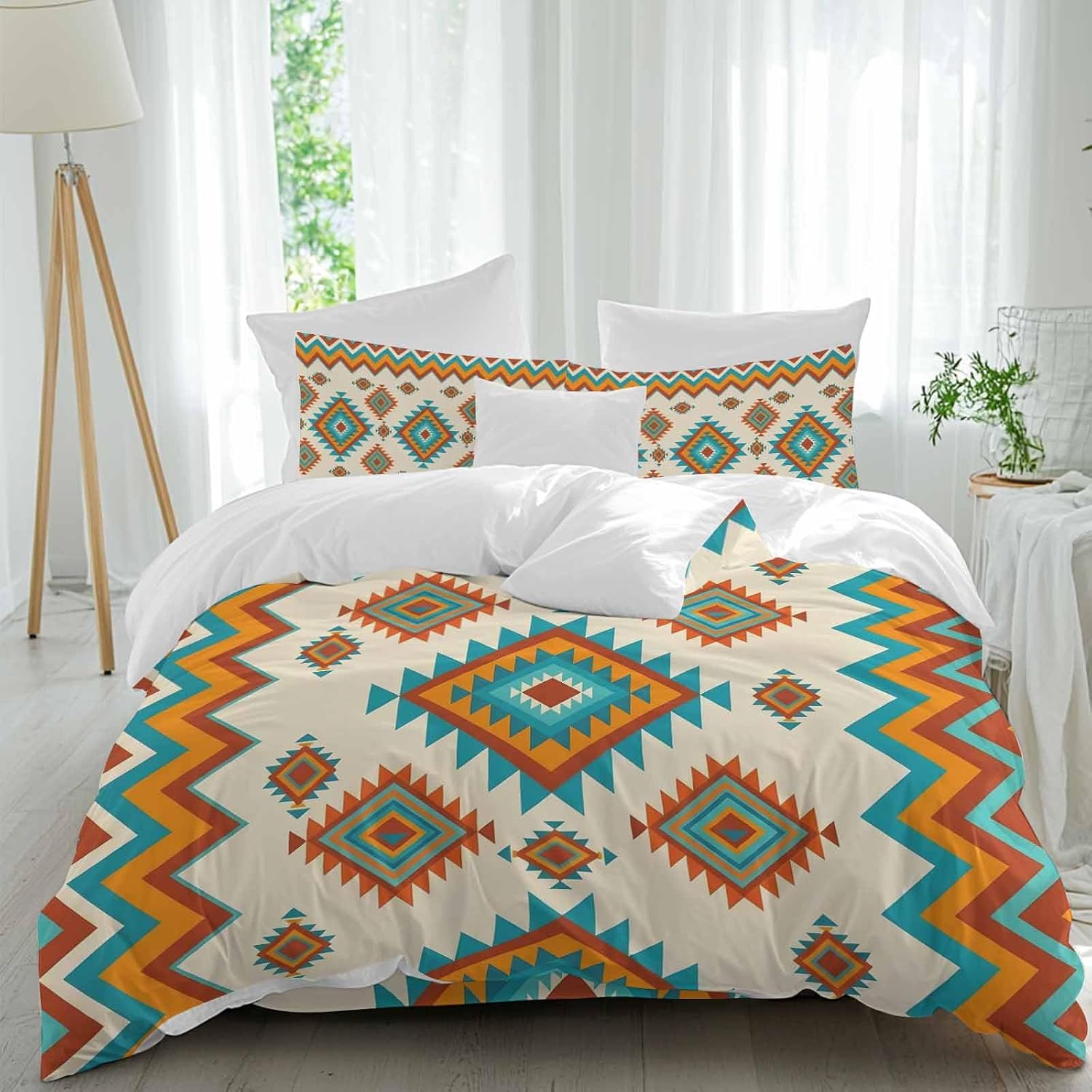 Prime Leader Bohemia Geometric Duvet Cover Set Queen Size 4 Pieces Western Teal Orange Beige Aztec Ethnic Bedding Set with Zipper Closure, 1 Comforter Cover 86x86 Inches 1 Flat Sheet & 2 Pillow Cases