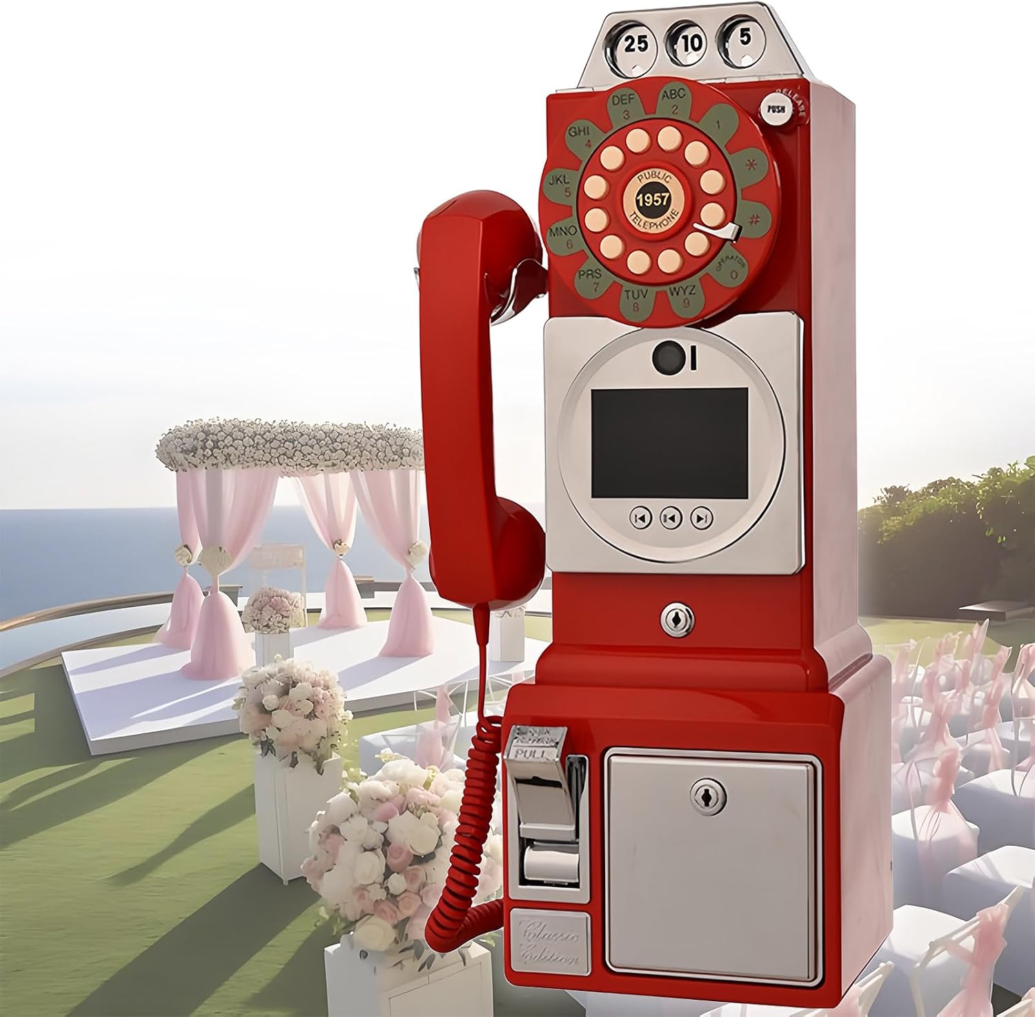 Wedding Video Audio Guestbook, 1080p Video Audio Recording Simulation Phone Calls, Retro Wedding Party Ceremony Phone Ornament, Record Personalized Audio Message, 64G Memory,Red