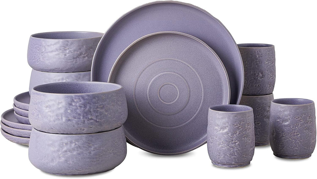 Stone by Mercer Project SHOSAI 16-Piece Stoneware Dinnerware Set, Plates and Bowls Set, Modern Dishware set fo 4, Lavender