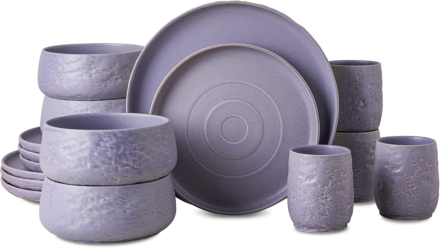 Stone by Mercer Project SHOSAI 16-Piece Stoneware Dinnerware Set, Plates and Bowls Set, Modern Dishware set fo 4, Lavender