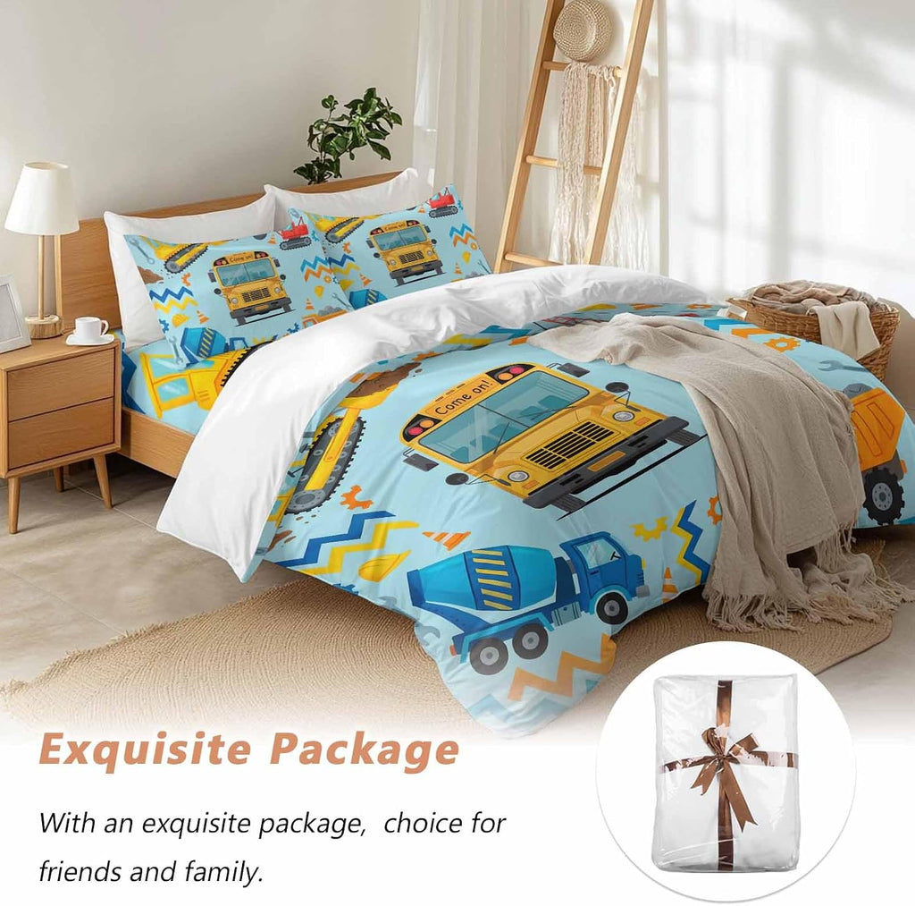 Prime Leader Cartoon Come on Duvet Cover Set Queen Size 4 Pieces Excavator Mixer Truck Wrench Helmet Blue Bedding Set with Zipper Closure, 1 Comforter Cover 86x86 Inches 1 Flat Sheet & 2 Pillow Cases
