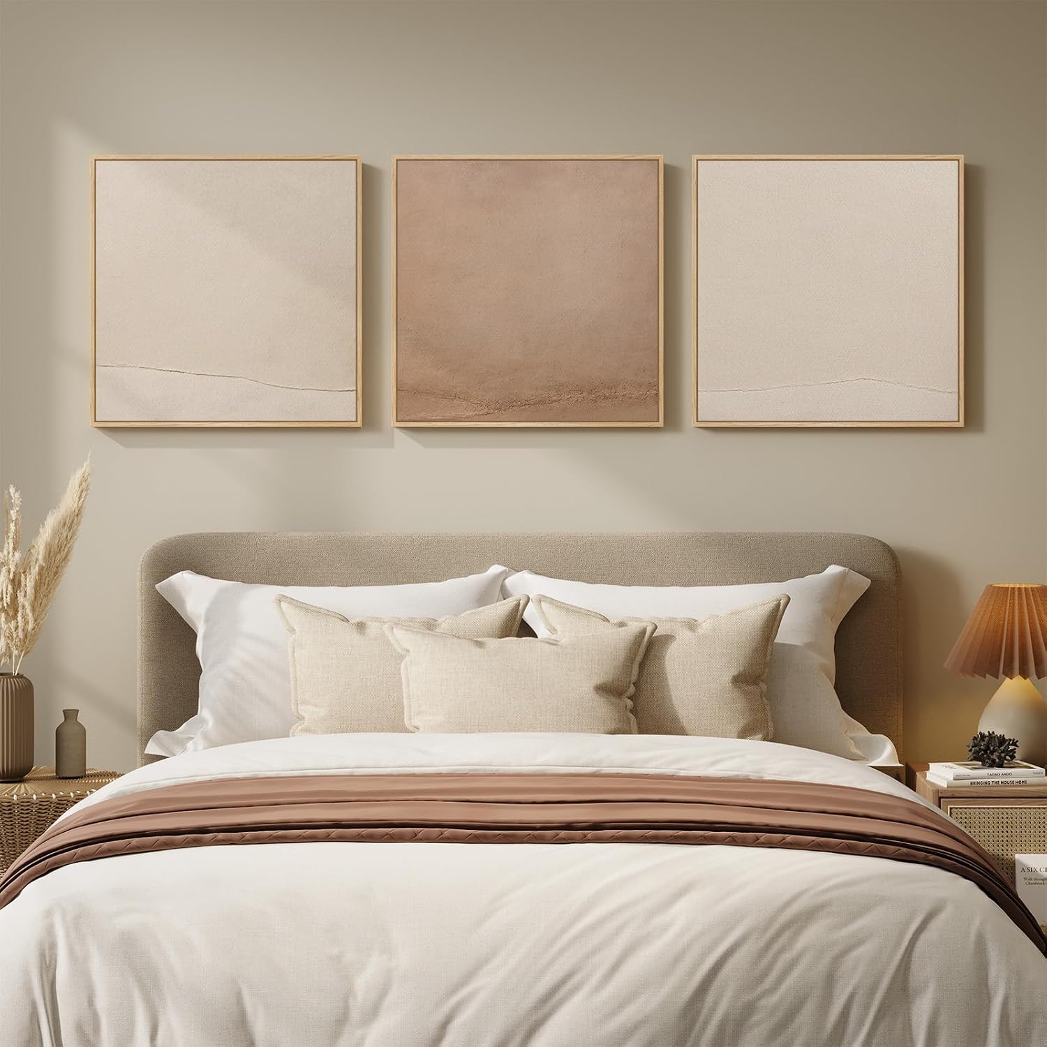Large Framed Minimalist Abstract Wall Art for Living Room, 3 Piece Big Modern Neutral Canvas Prints Artwork for Walls, Earth Tone Pictures for Bedroom, Office Wall Decor, 24x24 Inch