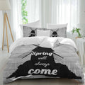 Black Windmill Duvet Cover Set Queen Size 4 Pieces Spring Will Always Come Letters Gray Wood Grain Bedding Set with Zipper Closure, 1 Comforter Cover 90x92 Inches 1 Flat Sheet & 2 Pillow Cases