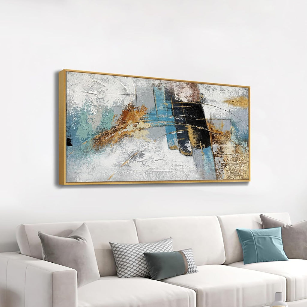 Large 100% Handmade Abstract Oil Painting with Frame Modern Original Hand Painted Heavy Textured Wall Painting Blue Gold Grey Canvas Wall Art Wall Decor for Living Room Bedroom Office Hang 60x30 inch