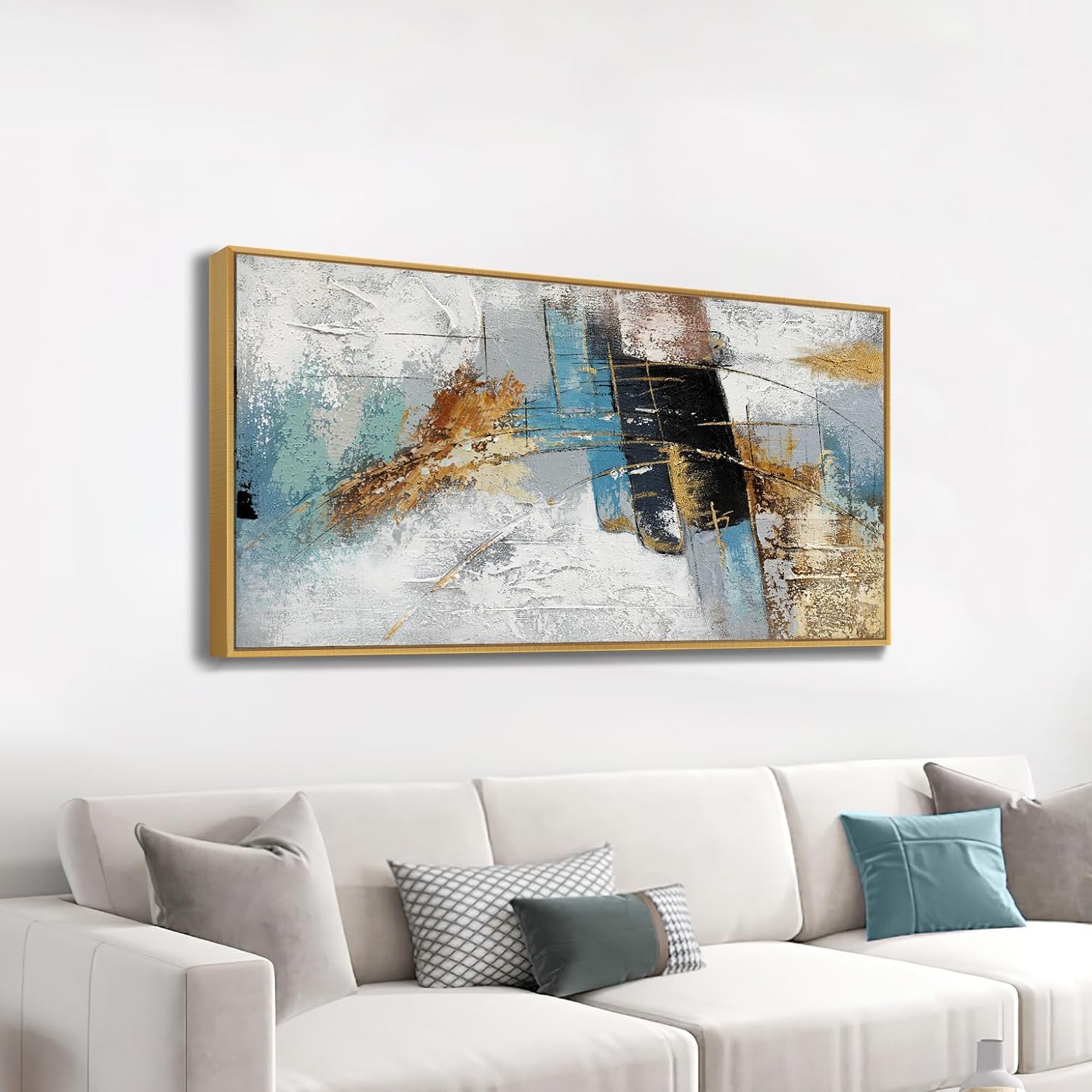 Large 100% Handmade Abstract Oil Painting with Frame Modern Original Hand Painted Heavy Textured Wall Painting Blue Gold Grey Canvas Wall Art Wall Decor for Living Room Bedroom Office Hang 60x30 inch