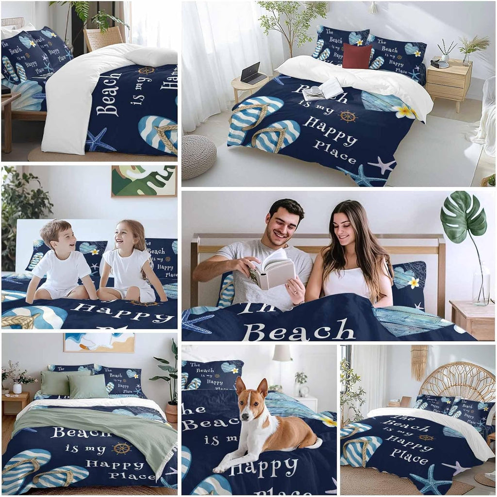The Beach Is My Happy Place Duvet Cover Set Queen Size 4 Pieces Summer Ocean Blue Slippers Starfish Shell Bedding Set with Zipper Closure, 1 Comforter Cover 90x92 Inches 1 Flat Sheet & 2 Pillow Cases