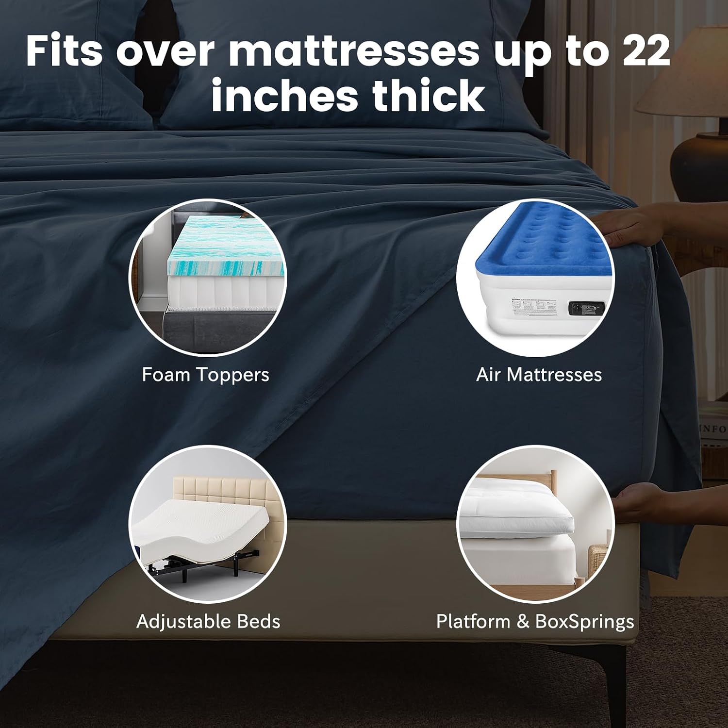 Bedlifes 100% French Linen Sheets King Size 18-24' Extra Deep Pocket 4-Piece Set Breathable & Moisture-Wicking,Soft & Durable Sheets for Thick Mattresses(Flint Blue)