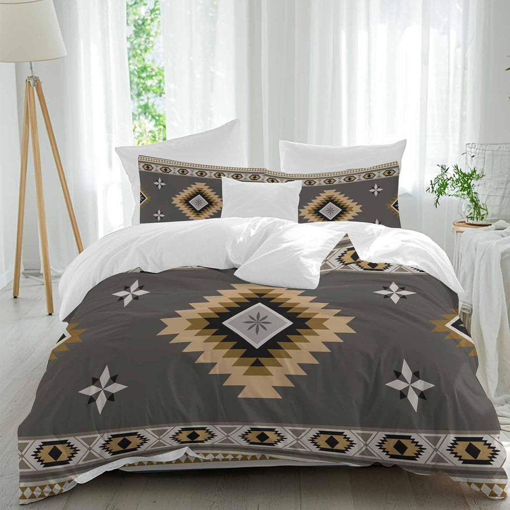Prime Leader Grey Tribal Geometric Duvet Cover Set Queen Size 4 Pieces Vintage Boho Native Abstract Bedding Set with Zipper Closure, 1 Comforter Cover 90x92 Inches 1 Flat Sheet & 2 Pillow Cases