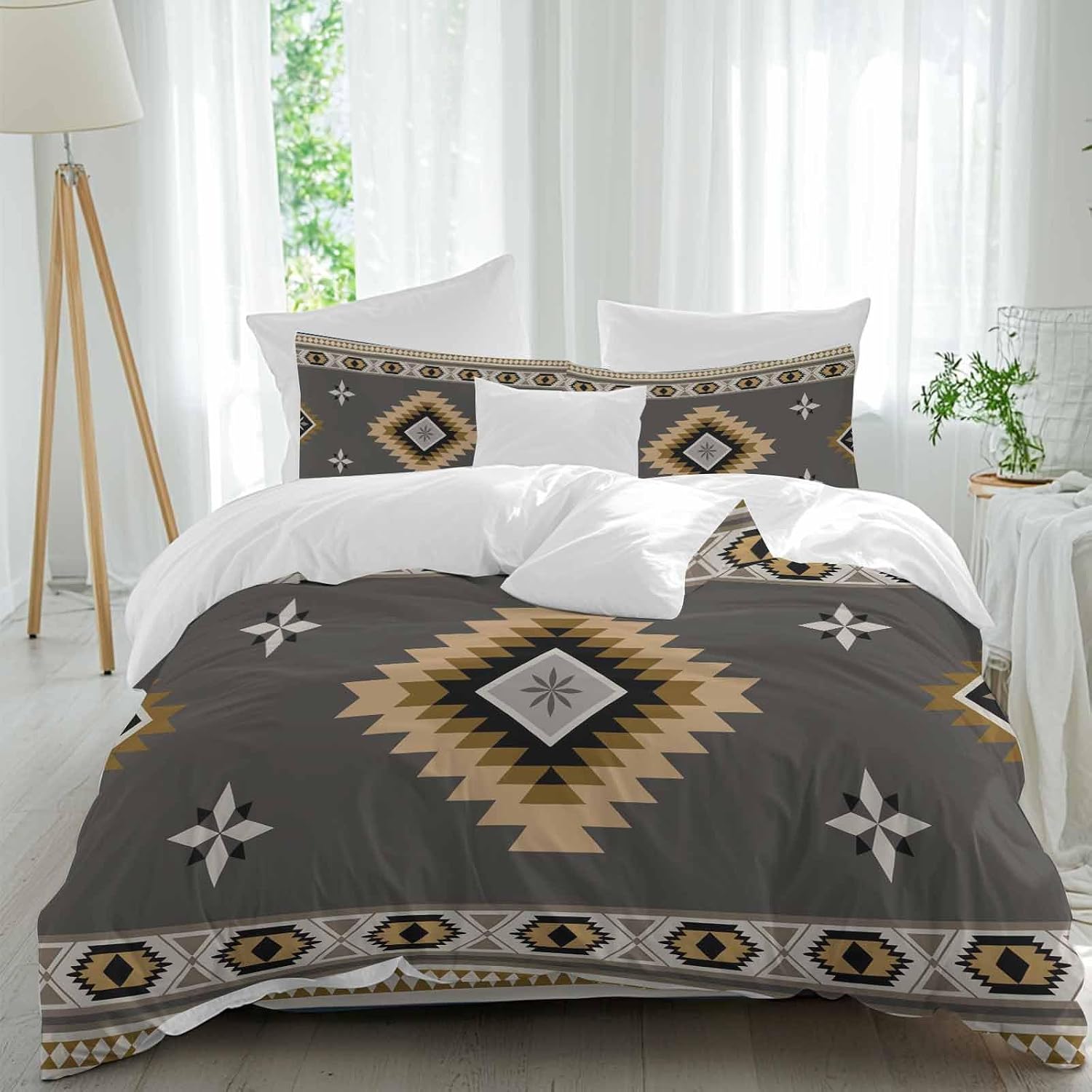Prime Leader Grey Tribal Geometric Duvet Cover Set Queen Size 4 Pieces Vintage Boho Native Abstract Bedding Set with Zipper Closure, 1 Comforter Cover 90x92 Inches 1 Flat Sheet & 2 Pillow Cases