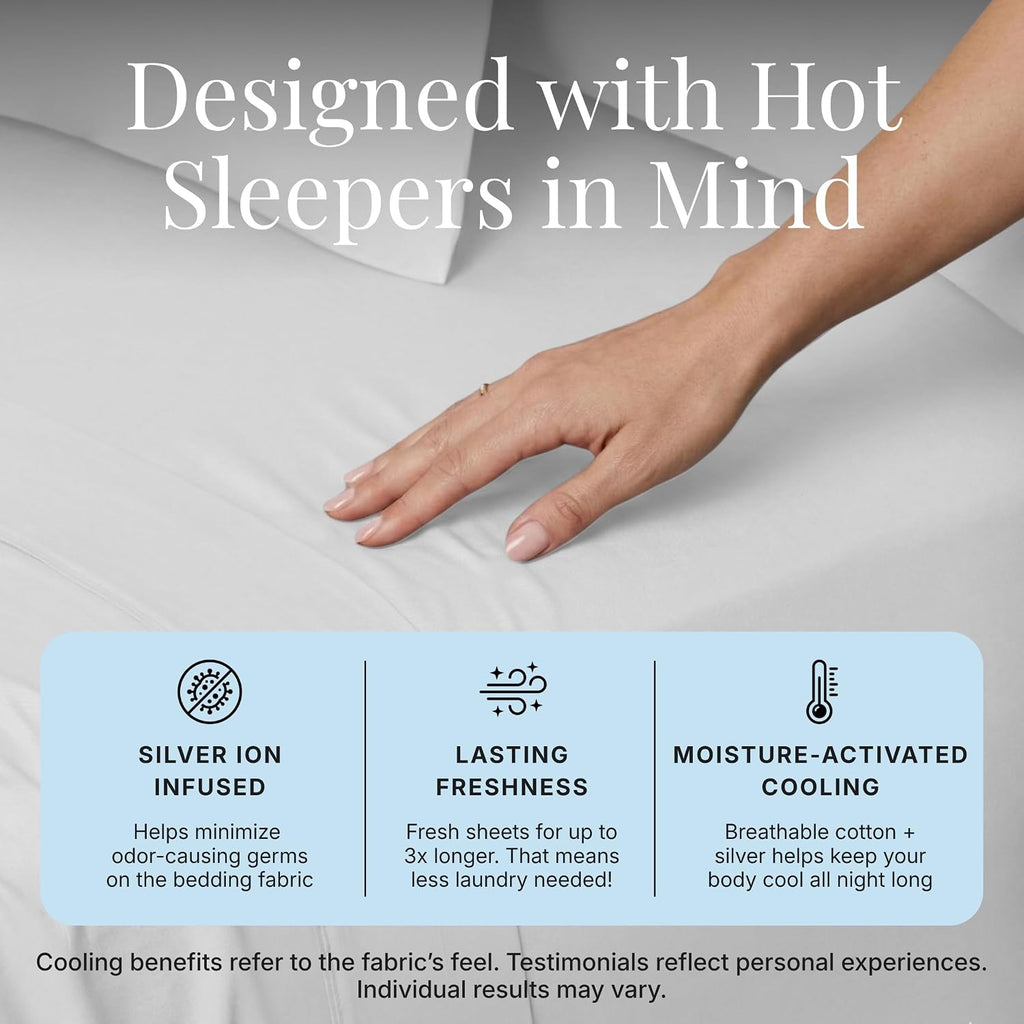 Miracle Made Breathable Cotton Bed Sheets, 4-Piece Set – Silver-Treated, Soft and Cool-to-the-Touch Lightweight Bedding Designed for Hot Sleepers – Cali King Size, White