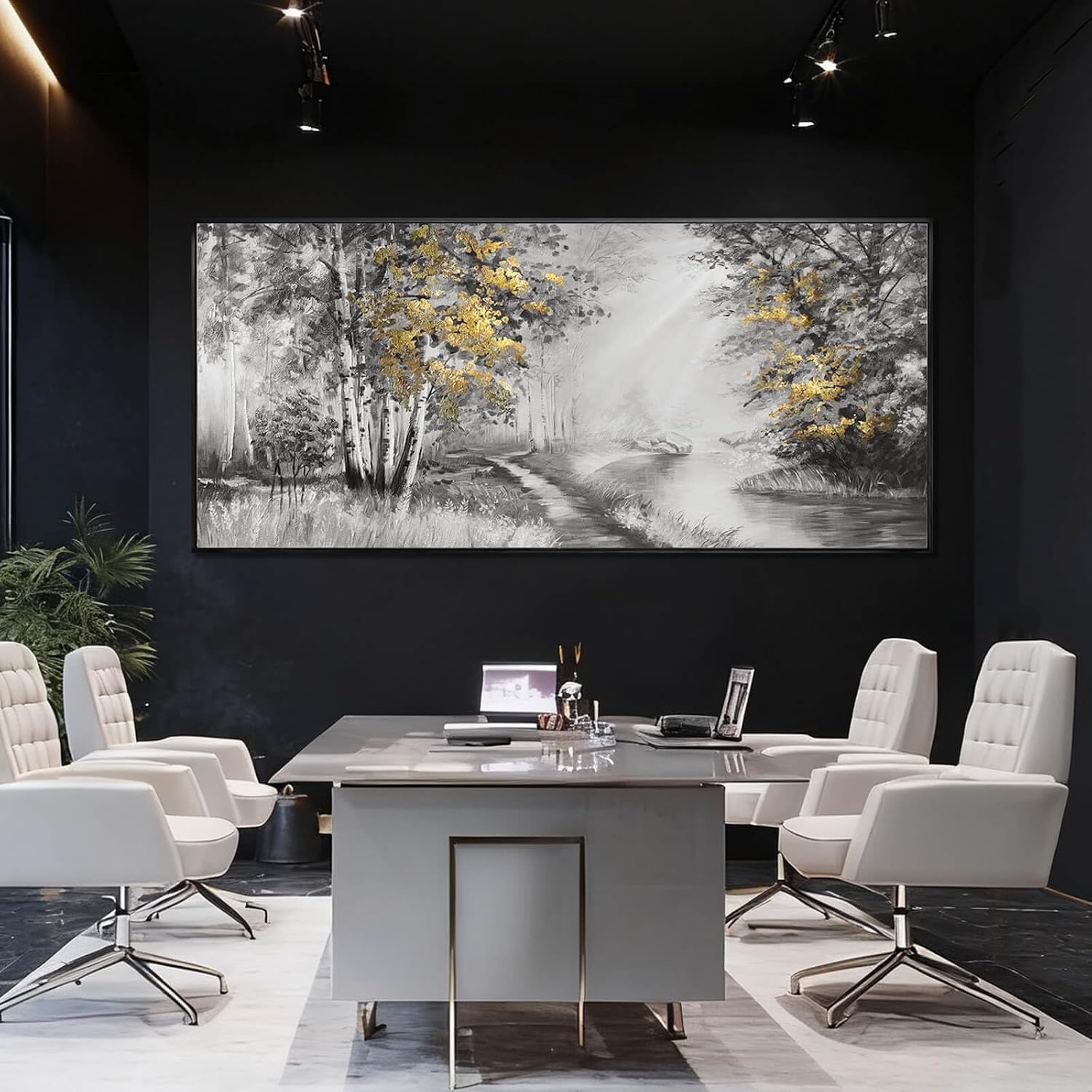 SOUGUAN Grey and Gold Canvas Wall Art Tree Wall Decor Modern Posters 32'x70' Large Decoration Living Room Pictures for Bedroom Office