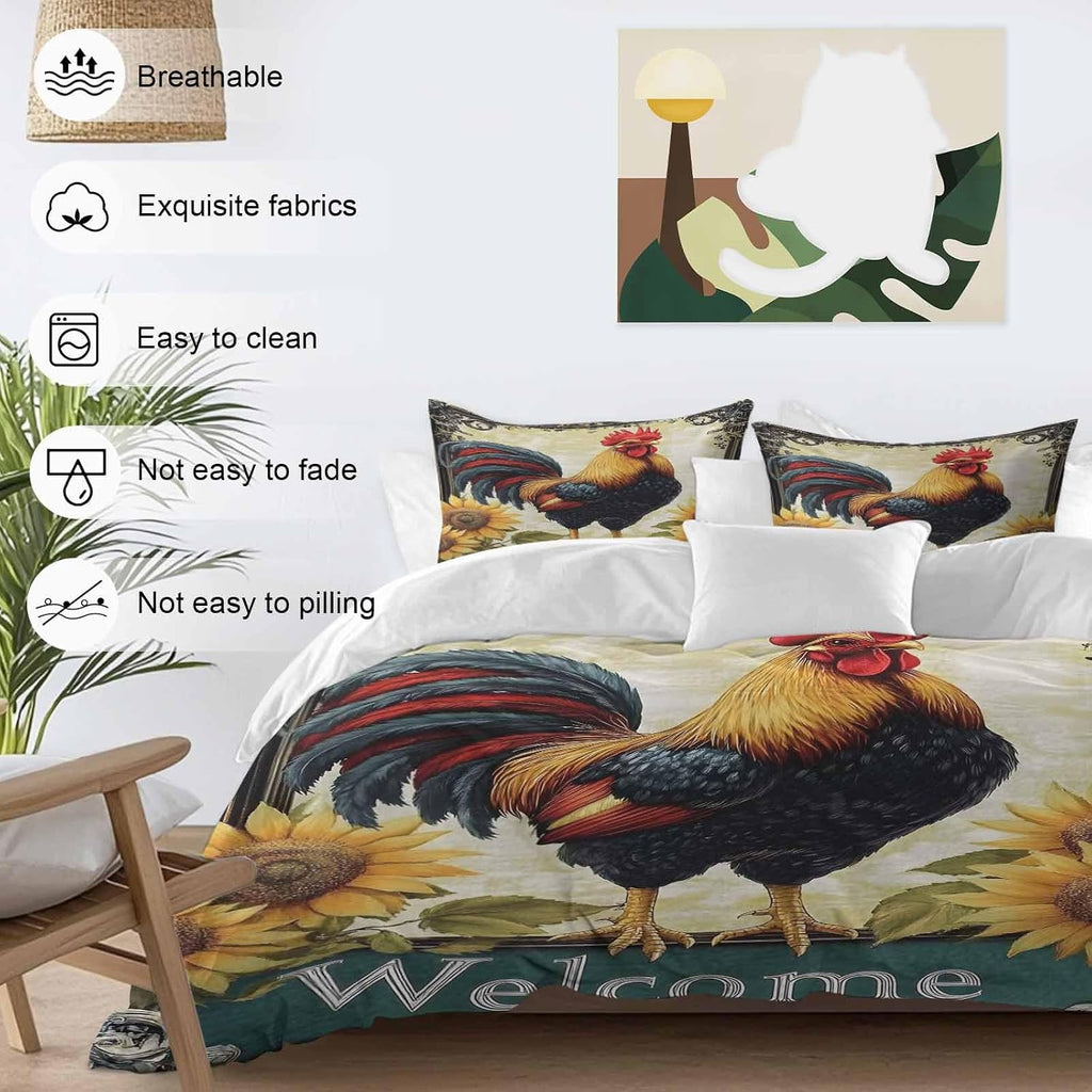 Rooster Chicken Duvet Cover Set Queen Size 4 Pieces Welcome Sunflower Watercolor Art Vintage Farm Bedding Set with Zipper Closure, 1 Comforter Cover 92x106 Inches 1 Flat Sheet & 2 Pillow Cases