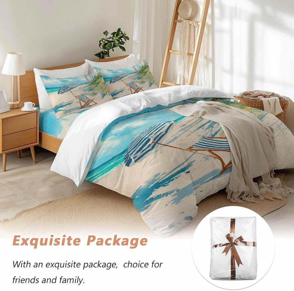 Summer Beach Duvet Cover Set Queen Size 4 Pieces Vintage Sunshade Lounge Chair Coastal Blue Striped Bedding Set with Zipper Closure, 1 Comforter Cover 92x106 Inches 1 Flat Sheet & 2 Pillow Cases