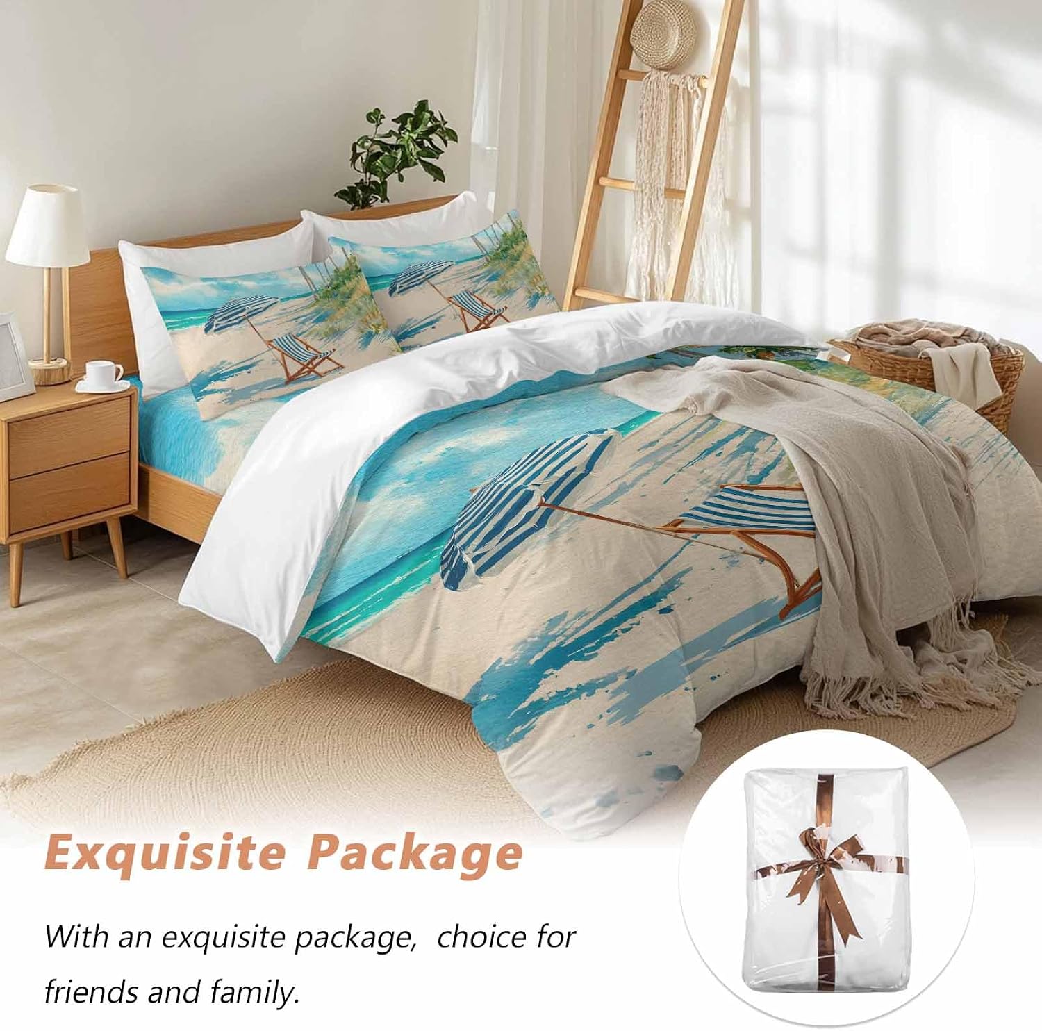 Summer Beach Duvet Cover Set Queen Size 4 Pieces Vintage Sunshade Lounge Chair Coastal Blue Striped Bedding Set with Zipper Closure, 1 Comforter Cover 92x106 Inches 1 Flat Sheet & 2 Pillow Cases