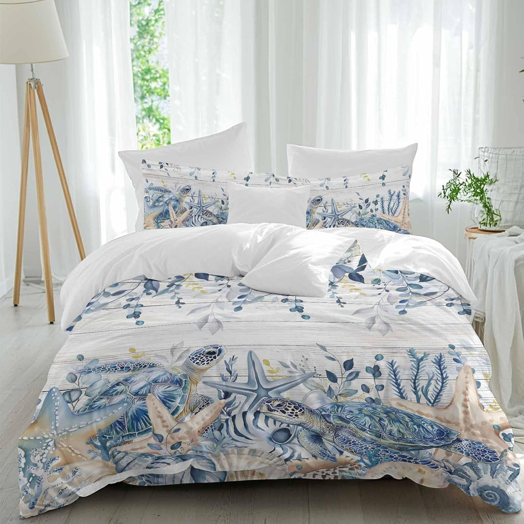 Prime Leader Ocean Turtle Duvet Cover Set Queen Size 4 Pieces Retro Sea Stars Shells Blue Leaf Wood Grain Bedding Set with Zipper Closure, 1 Comforter Cover 90x92 Inches 1 Flat Sheet & 2 Pillow Cases