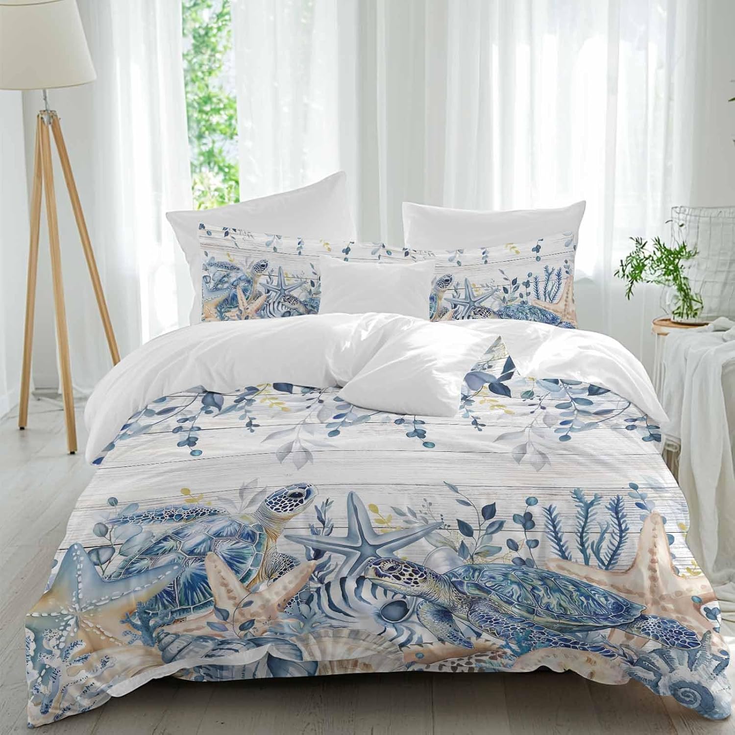 Prime Leader Ocean Turtle Duvet Cover Set Queen Size 4 Pieces Retro Sea Stars Shells Blue Leaf Wood Grain Bedding Set with Zipper Closure, 1 Comforter Cover 90x92 Inches 1 Flat Sheet & 2 Pillow Cases