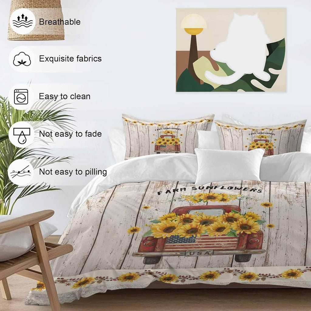 Farm Sunflowers Duvet Cover Set Queen Size 4 Pieces Summer Floral Truck Leaves Fruit Wood Grain Bedding Set with Zipper Closure, 1 Comforter Cover 86x86 Inches 1 Flat Sheet & 2 Pillow Cases