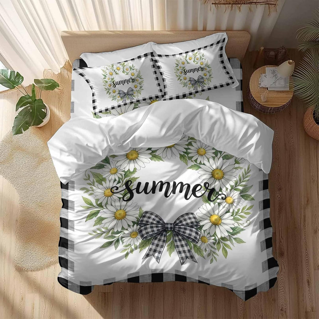Prime Leader White Flowers Duvet Cover Set Queen Size 4 Pieces Daisy Plaid Bow Green Leaf Summer Striped Bedding Set with Zipper Closure, 1 Comforter Cover 90x92 Inches 1 Flat Sheet & 2 Pillow Cases