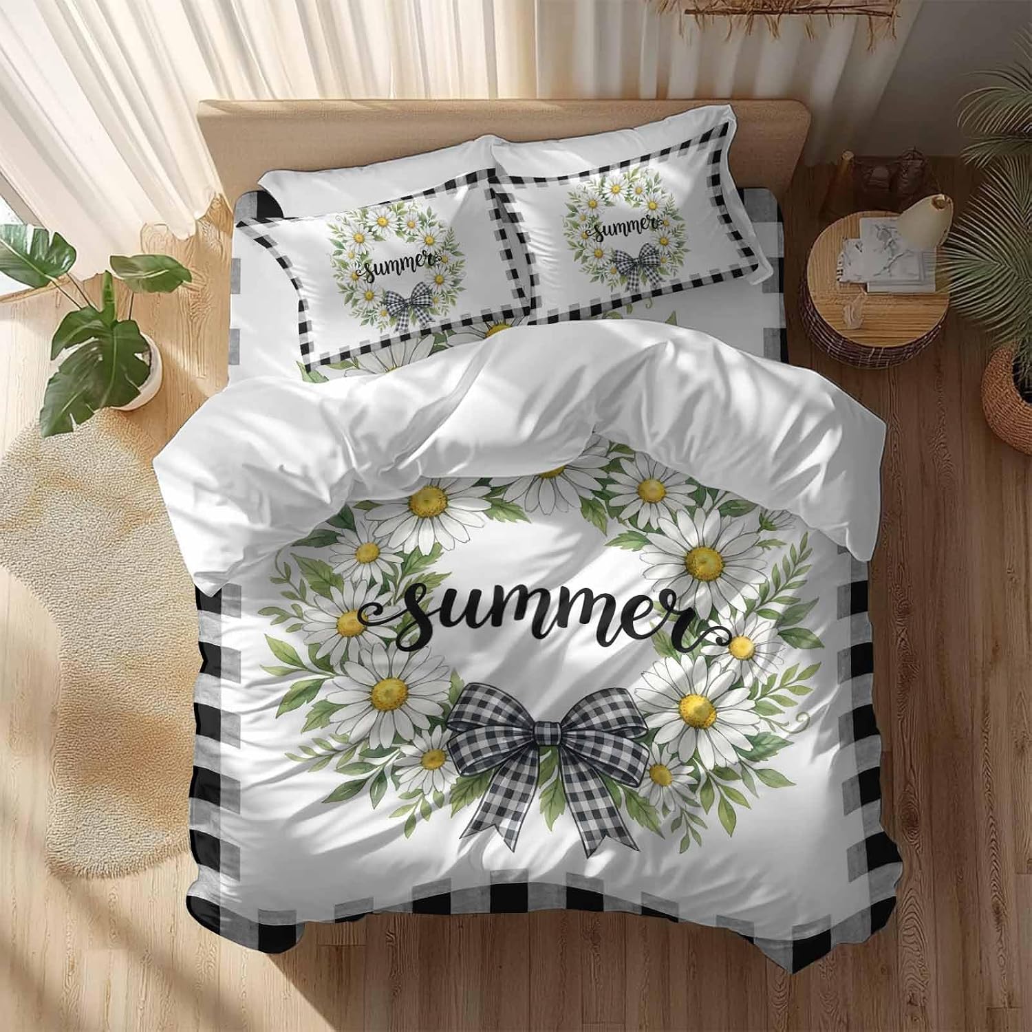 Prime Leader White Flowers Duvet Cover Set Queen Size 4 Pieces Daisy Plaid Bow Green Leaf Summer Striped Bedding Set with Zipper Closure, 1 Comforter Cover 90x92 Inches 1 Flat Sheet & 2 Pillow Cases