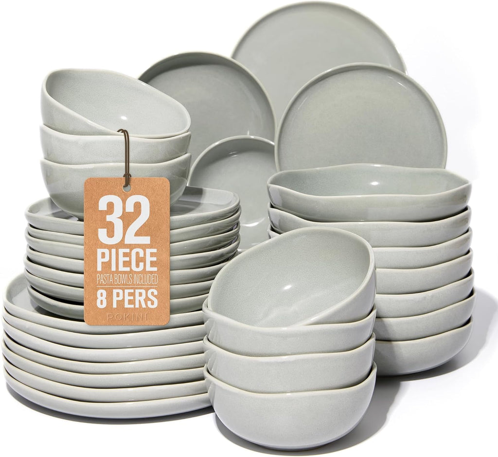 Pokini 32 Piece Dinnerware Set for 8 with Pasta Bowls, Gray Green Reactive Glaze Stoneware | All‑in‑One Host Set for Entertaining, Holiday Meals, Multi‑Course Dish Set | Unique Irregular Look