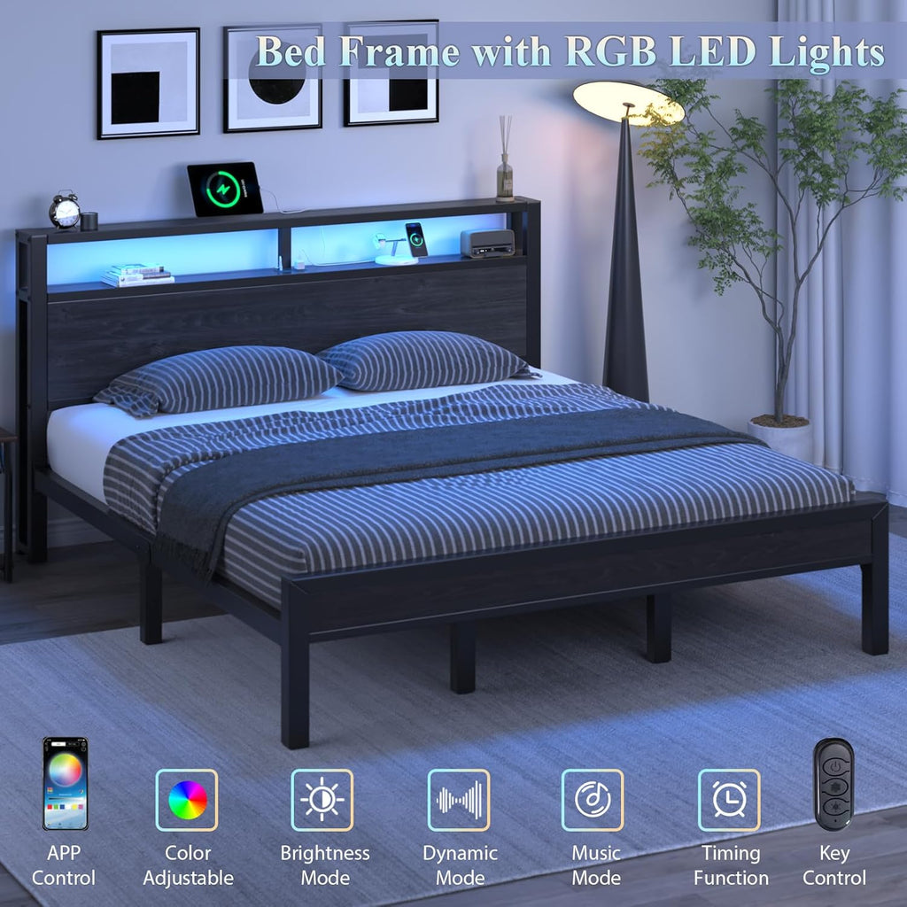 LOEWAY King Size Bed Frame with Storage Headboard, Industrial Platform Bed with Charging Station and LED Lights, Heavy Duty Metal Slats, No Box Spring Need, Noise Free, Black