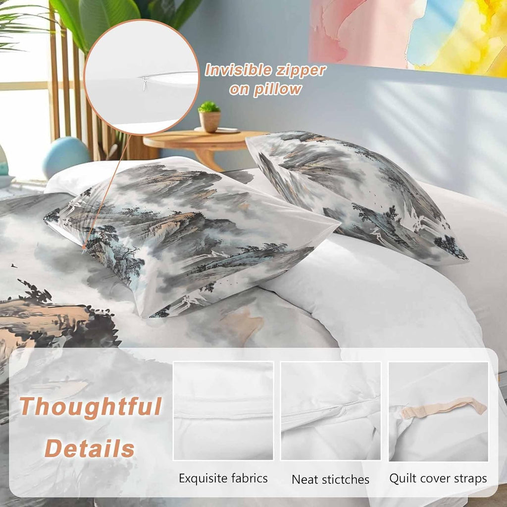 Prime Leader Mountain Cloud Duvet Cover Set Queen Size 4 Pieces Tree Water Ink Painting Chinese Wind Bedding Set with Zipper Closure, 1 Comforter Cover 92x106 Inches 1 Flat Sheet & 2 Pillow Cases