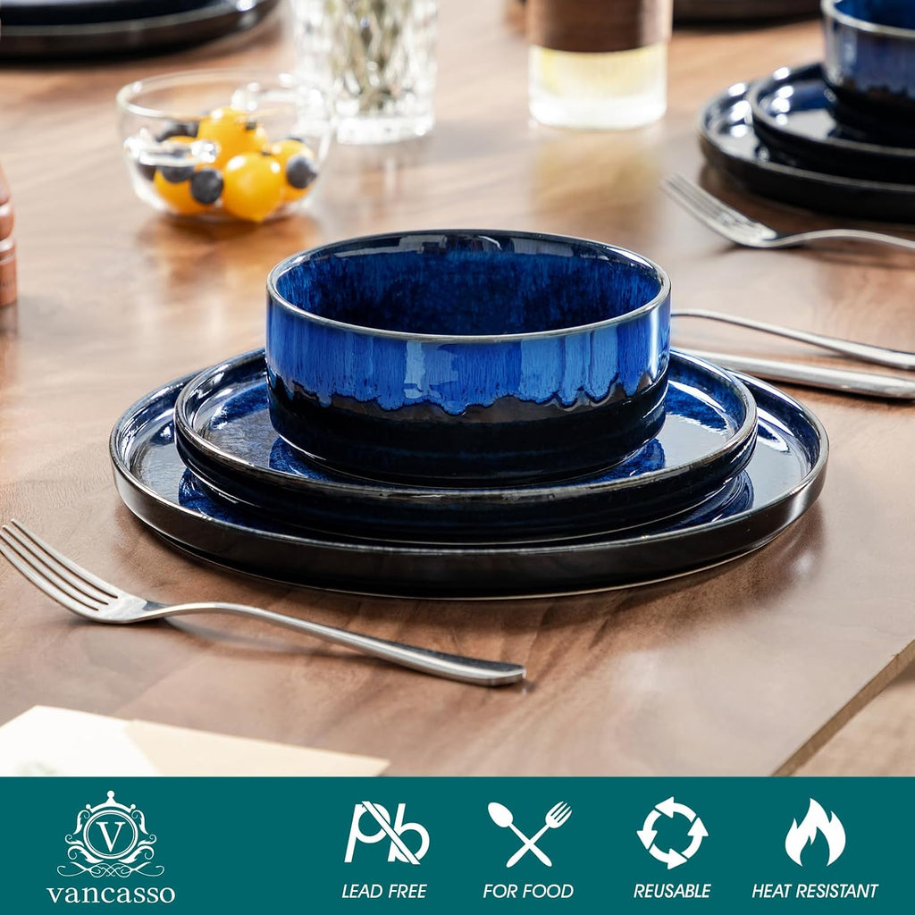 vancasso Plates and Bowls Sets for 6, 18 Pieces Blue Dinnerware Sets for Kitchen, Modern Stoneware Dishes Set, Dishwasher and Microwave Safe, Series Starry