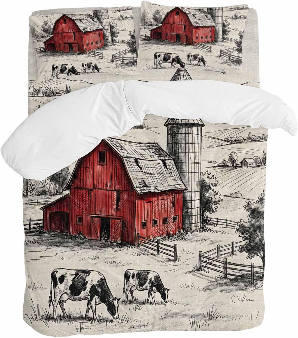 Farmhouse Duvet Cover Set Queen Size 4 Pieces Pastoral Landscape Watercolor Barn Farm Dairy Cow Retro Bedding Set with Zipper Closure, 1 Comforter Cover 86x86 Inches 1 Flat Sheet & 2 Pillow Cases