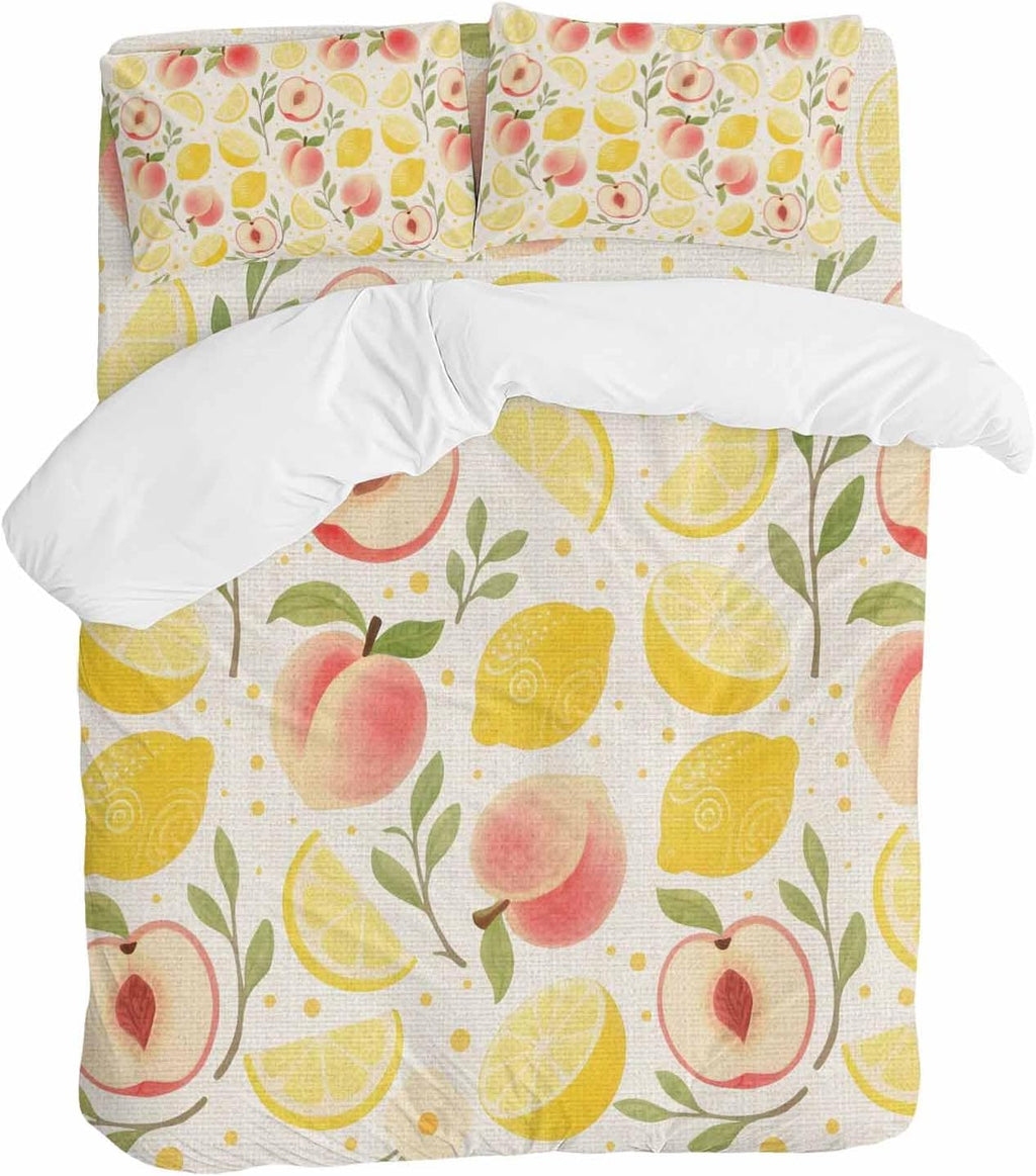 Prime Leader Fruit Leaves Duvet Cover Set Queen Size 4 Pieces Pink Peaches Yellow Lemons Vintage Linen Bedding Set with Zipper Closure, 1 Comforter Cover 90x92 Inches 1 Flat Sheet & 2 Pillow Cases