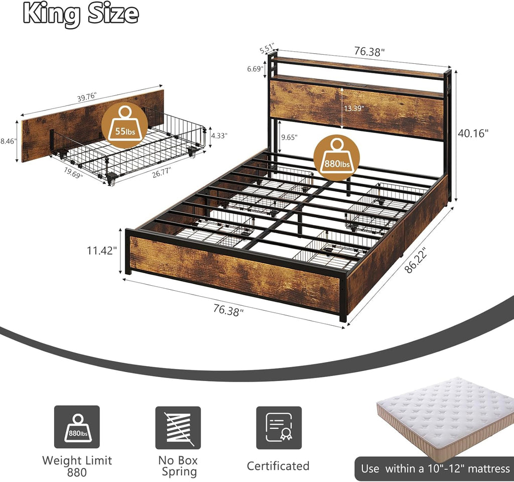 VINGLI King Size Bed Frame with 4 Storage Drawers and LED Headboard Shelves, Metal Platform Bed with Charging Station, No Box Spring Needed, Noise Free, Easy Assembly, Vintage Brown
