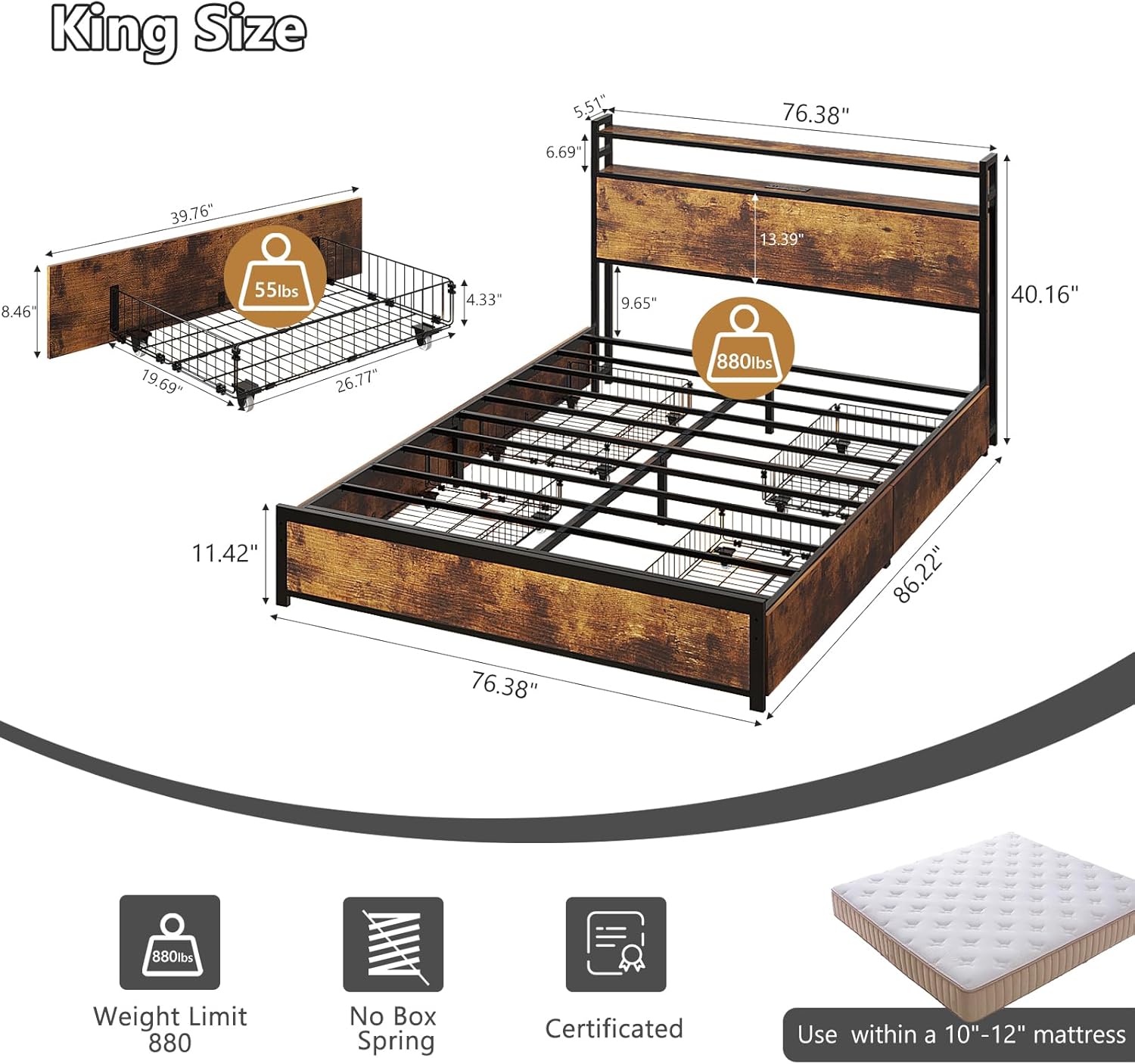 VINGLI King Size Bed Frame with 4 Storage Drawers and LED Headboard Shelves, Metal Platform Bed with Charging Station, No Box Spring Needed, Noise Free, Easy Assembly, Vintage Brown